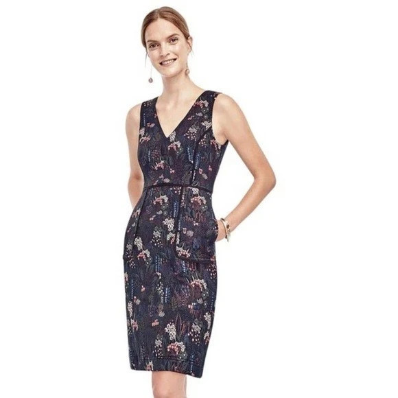 NWT Ann Taylor Sheath Dress Womens 6 Night Garden Floral Tapestry Metallic Blue