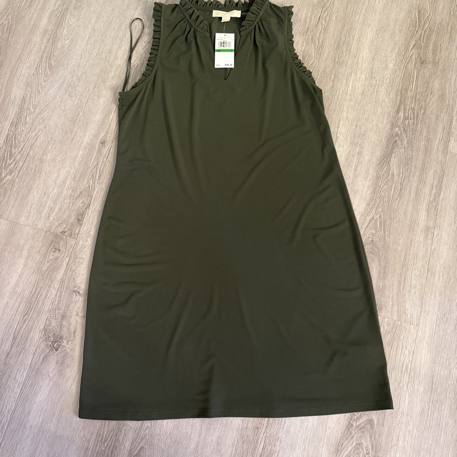 MICHAEL KORS MK Green Ruffle Trim V-Neck Matte Jersey Stretch Shift Dress L