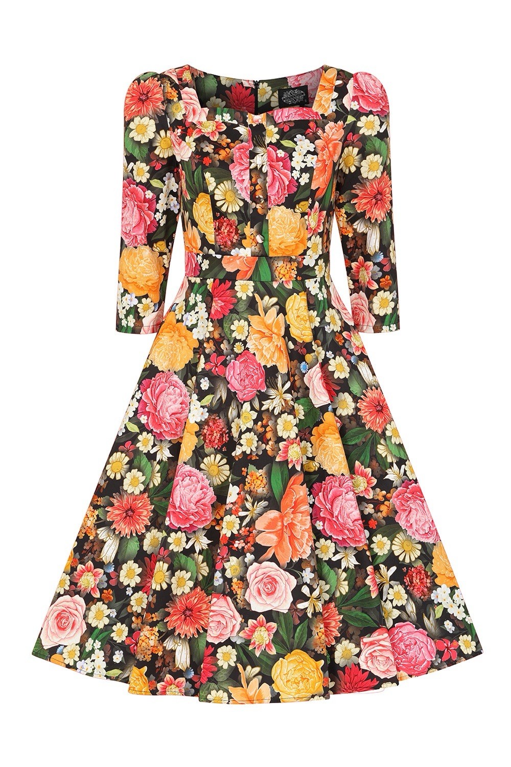 Unique Vintage Hearts & Roses Black Floral Cassidy Swing Dress, NWT!