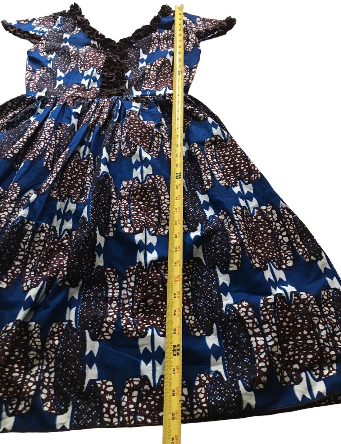 Handmade Dutch Wax Print Short Sleeve Dress Fit and Flare Small S XS Blue Brown