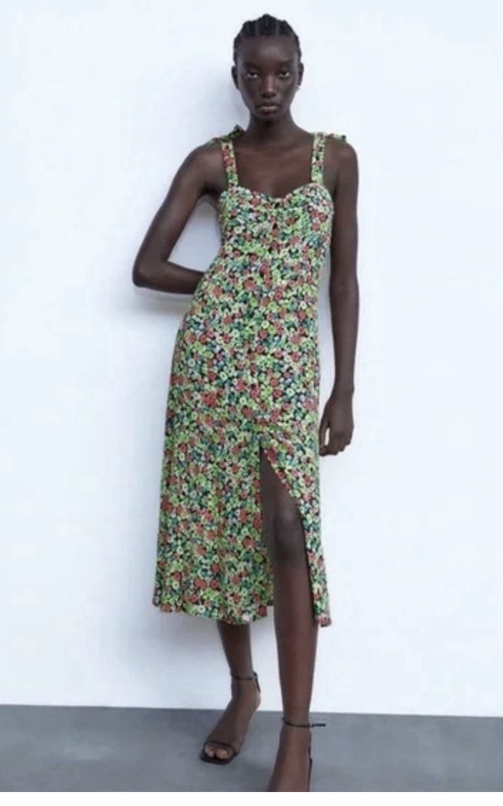 Zara Floral Midi Slip Dress XS Button Front Side Slit Strappy Square Neck