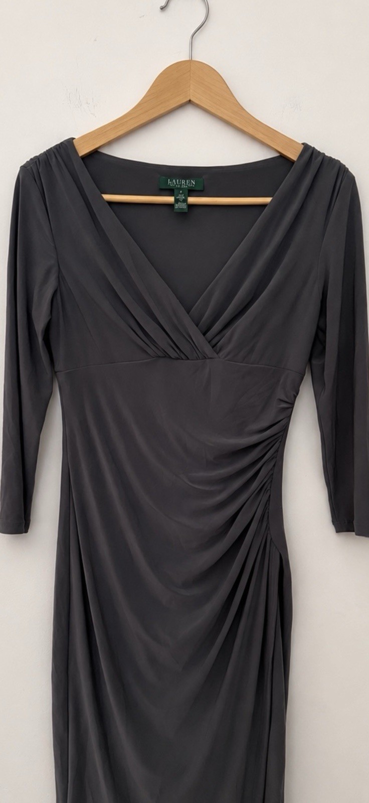 Lauren Ralph Lauren Purple Jersey Sheath Dress Sz 2 Boat Neck 3/4 Sleeve Ruched