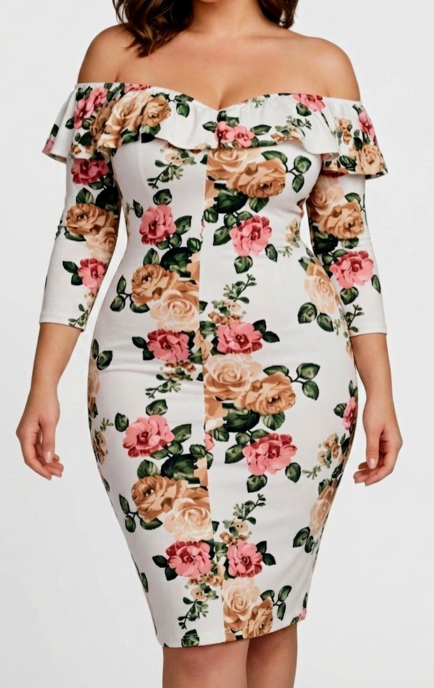 A’llo Rosé Women’s Off-Shoulder Floral Bodycon Ruffle 3/4 Sleeve Knee S