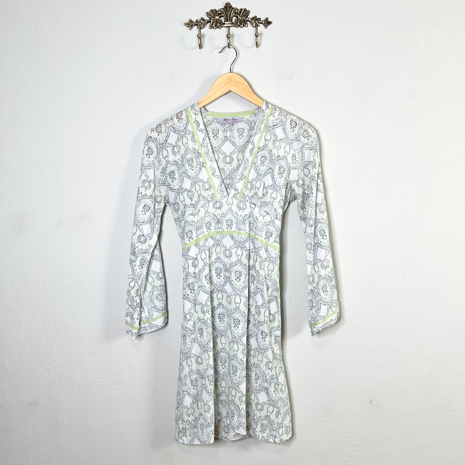 Lolita Jaca St Barth XS Dress V Neck Print Long Sleeve Tie Waist Cotton Sheer