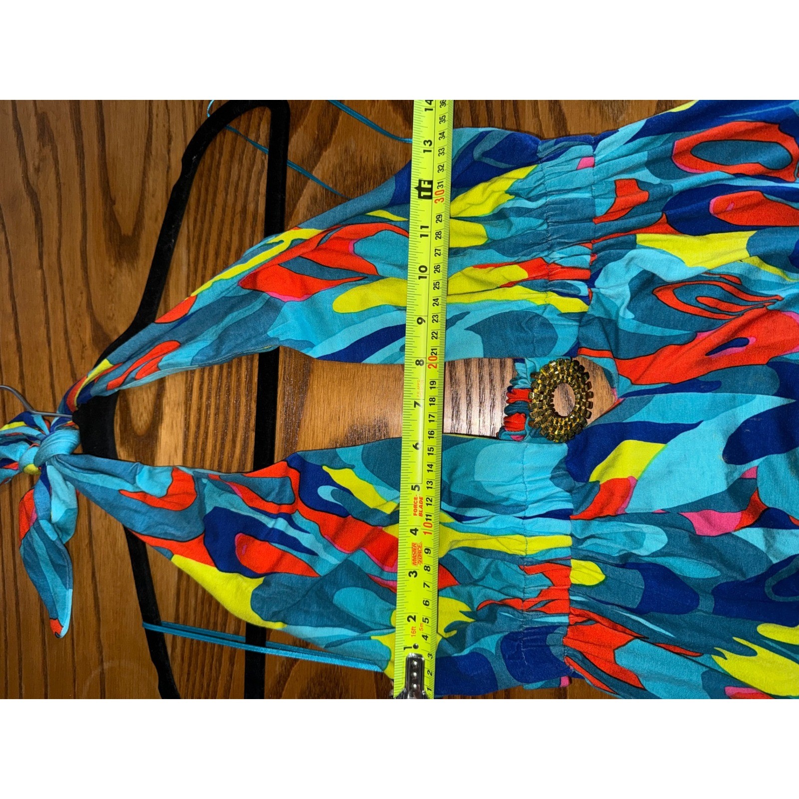 Trina Turk Halter Maxi Dress Blue Orange Swirl Print Gold Ring Detail Size 2