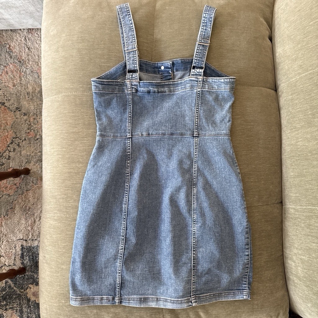 Divided H&M Blue Denim Overall Dress Button Front Pockets Stretch Square Neck 8