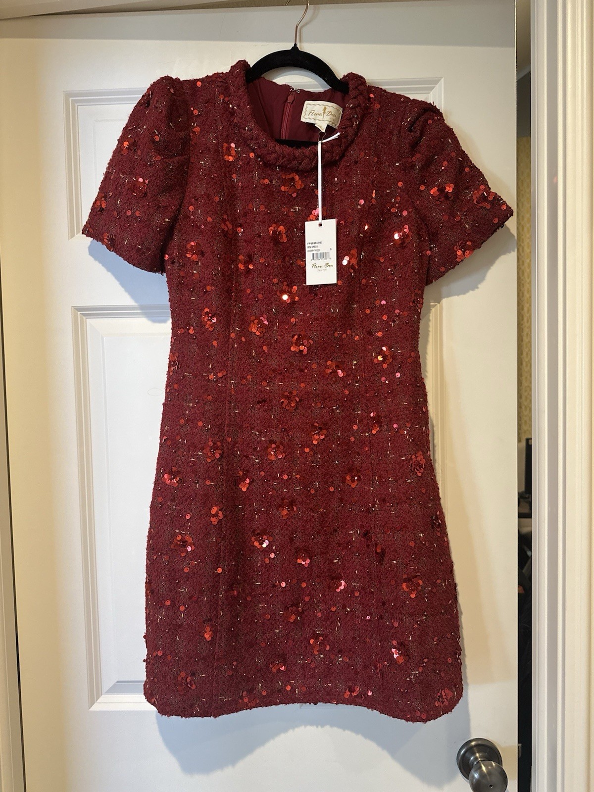 Flora Bea Tweed Sleeveless Dress Cherry Red Sequin Holiday Sz S Preppy
