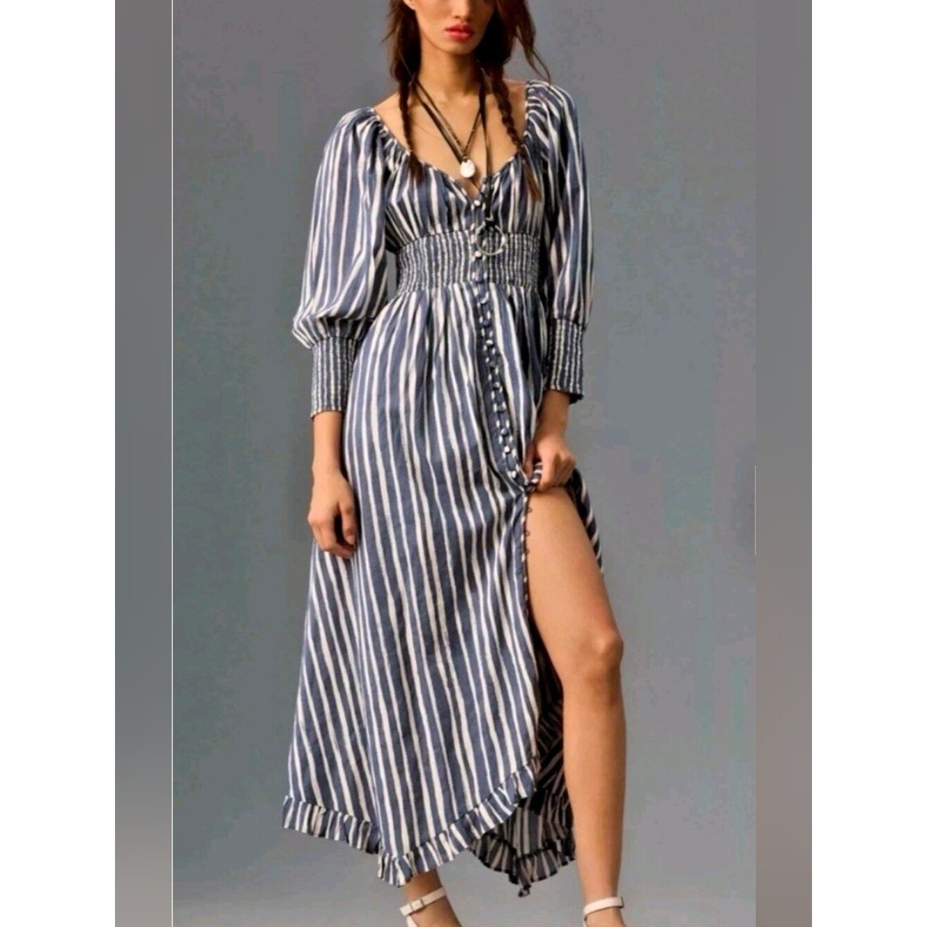 Anthropologie Striped Smocked Midi Dress Boho Coastal Cottage Dress XS-P