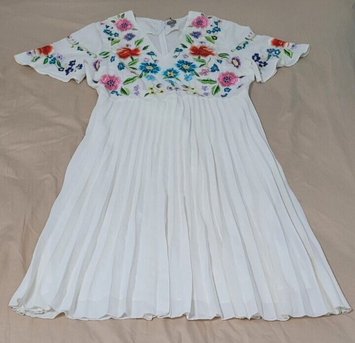 ASOS White Floral Embroidery Long A-Line V-Neck Flutter Sleeve Dress US 16/UK 20