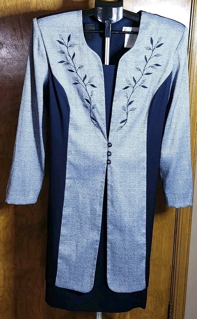 Vintage Miss Dorby Blue Embroidered Floral One Piece Dress Size 18 EUC