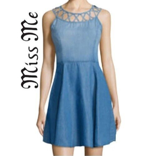NWT $70 Miss Me Dress Size SMALL fit & flare Blue Acid Wash Denim Mini Dress