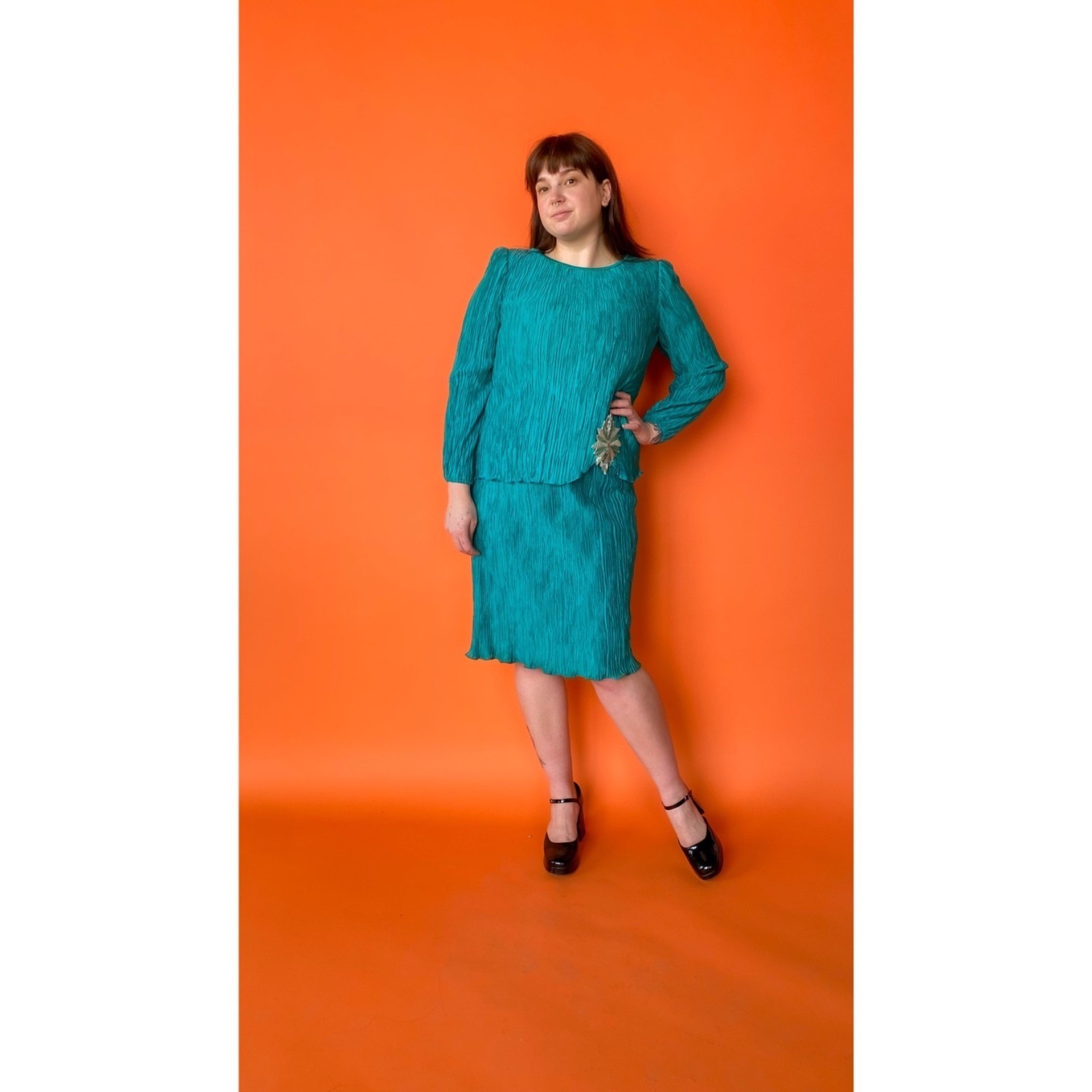 VTG 1980 Sz L Turquoise Retro Beaded Flower Midi Layered Party Dress Stretch