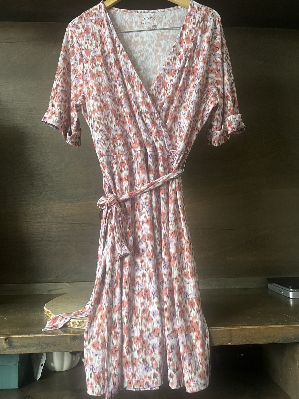 Apt 9 Womens Mock-Wrap Dress Belted SIZE XL VEE NECK CUFFED SHORT SLEEVE PEACH