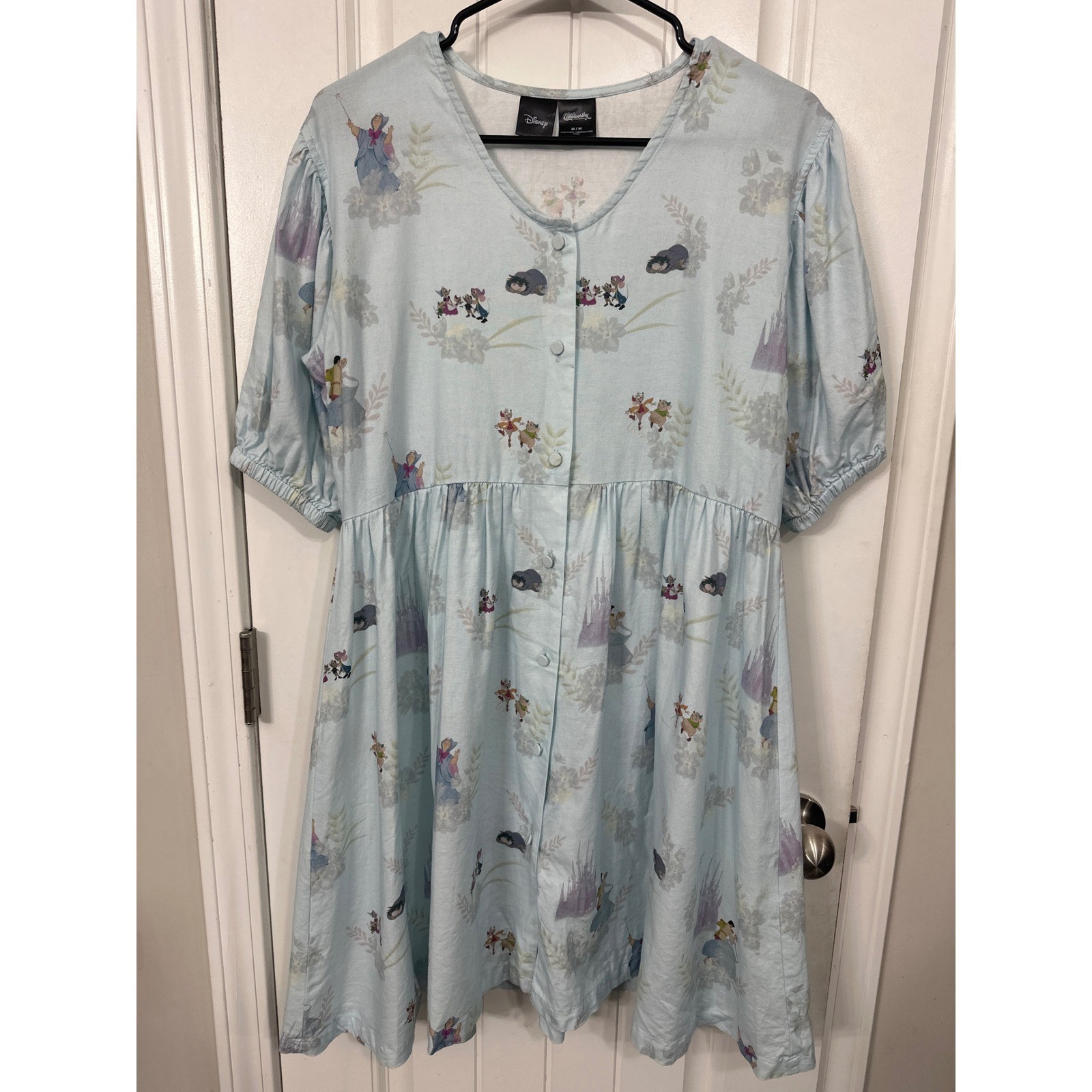 Disney Cakeworthy Cinderella Blue Babydoll Dress Button Front Puff Sleeve Medium