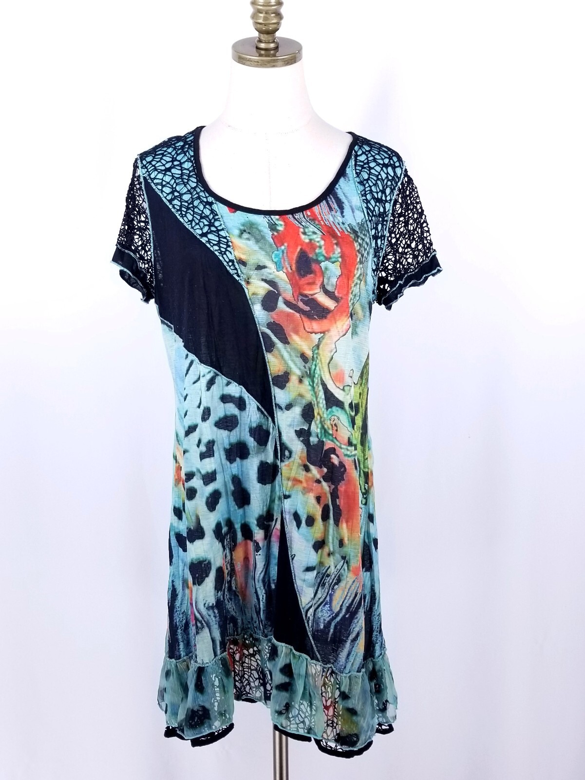 FLEUR DE LIS Tunic Dress Size M Blue Animal Print Mesh Accent Ruffle Hem