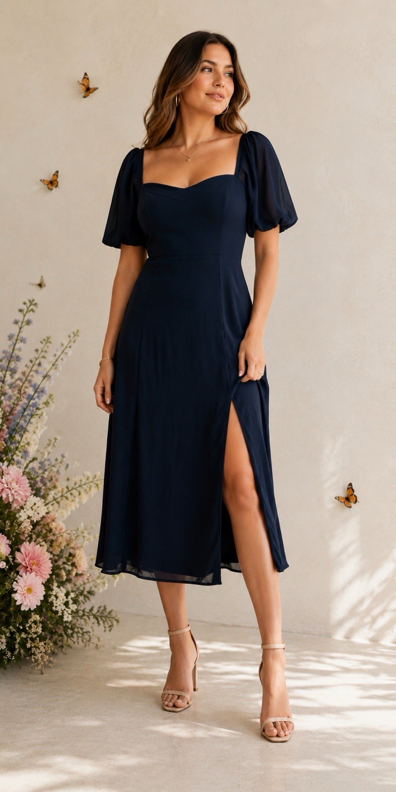 Abercrombie & Fitch Camille Puff-Sleeve Midi Dress Navy Blue Women’s Medium