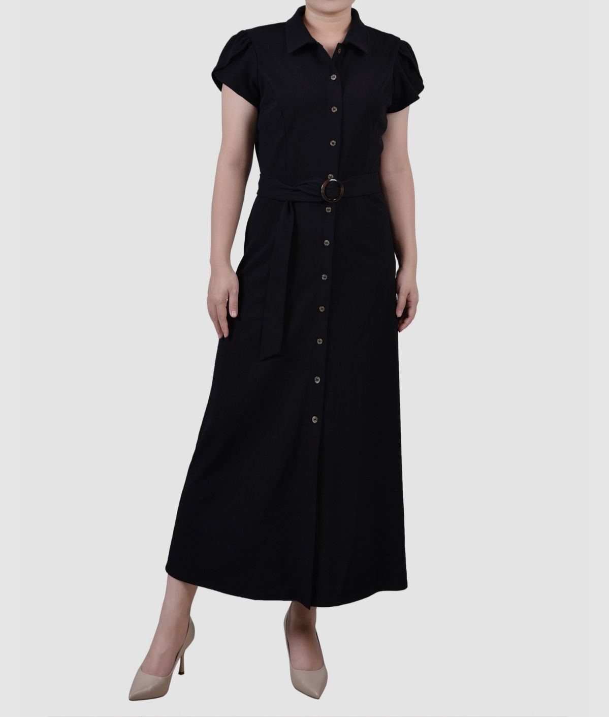 $58 NY Collection Women’s Black Petal Sleeve Belted Dress Petite Size PM