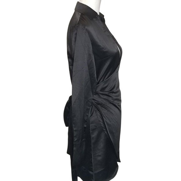 FINESSE Black Satin Ruched Wrap Mini Shirt Dress Button Cuff S LBD Romantic Dark