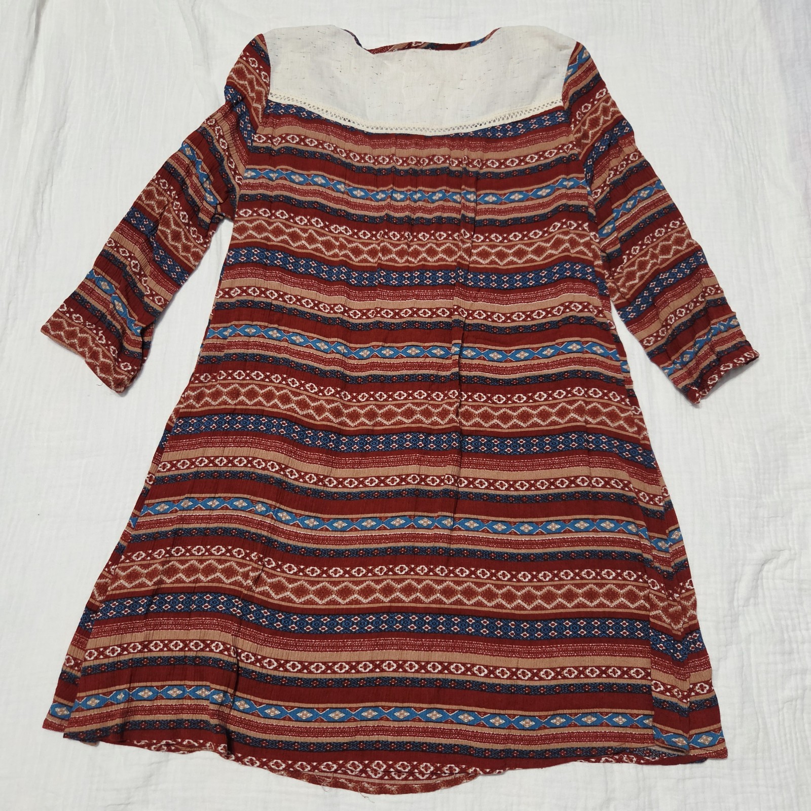 Boho Geometric Stripe Dress Large Long Sleeve Cream Yoke Keyhole Maroon Blue