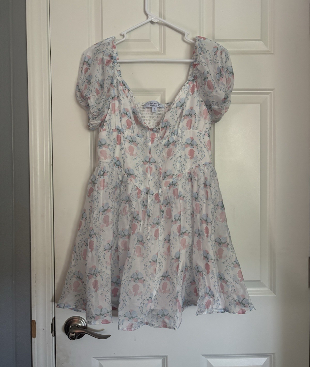 Celebrity Pink Bridgerton Floral Smocked Puff Sleeve Square Neck Mini Dress S