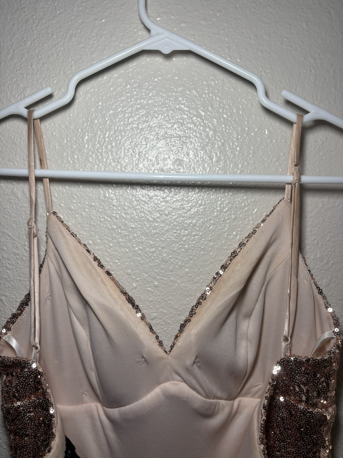 B Darlin Copper Sequin Spaghetti Strap Formal Gown Slit 5/6 Prom *Sm Flaw.