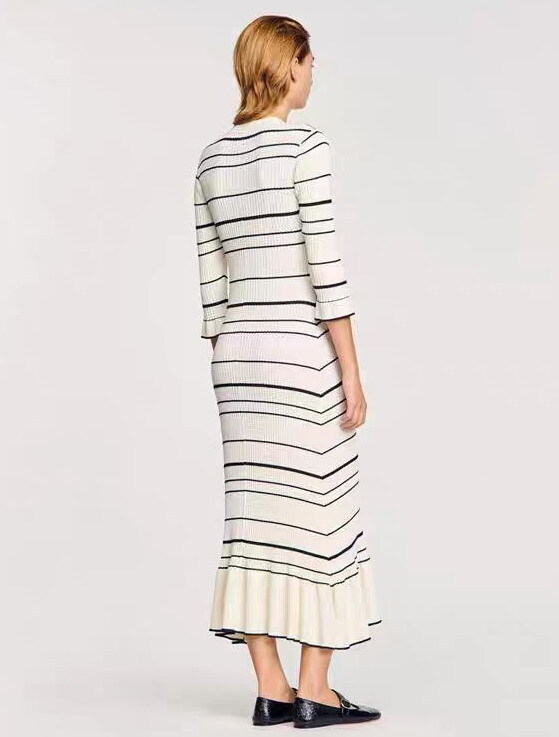 Sandro Women’s Black and white against color stripes flounce Knitted dress
