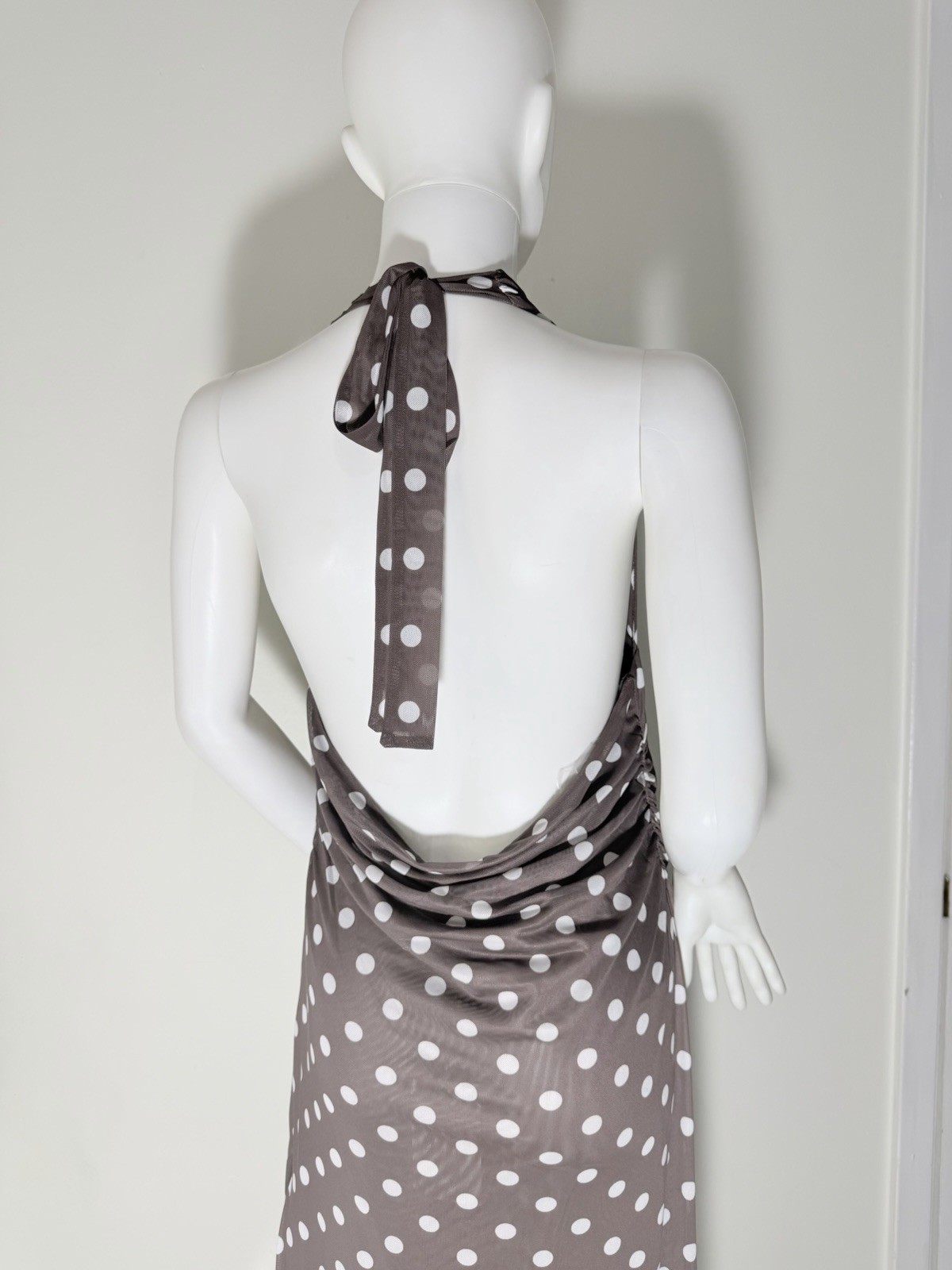 Caroline Constas Brown White Polka Dot Halter Backless Slit Mesh Midi Dress L