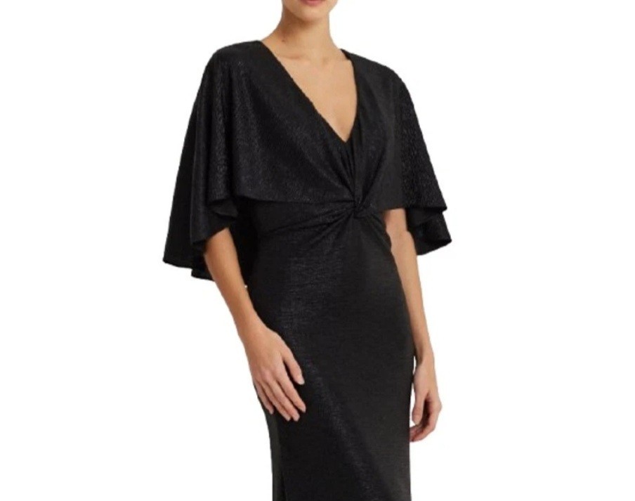 LAUREN RALPH LAUREN Twist-Front Cape Gown Size -8 Black Metallic Long Dress