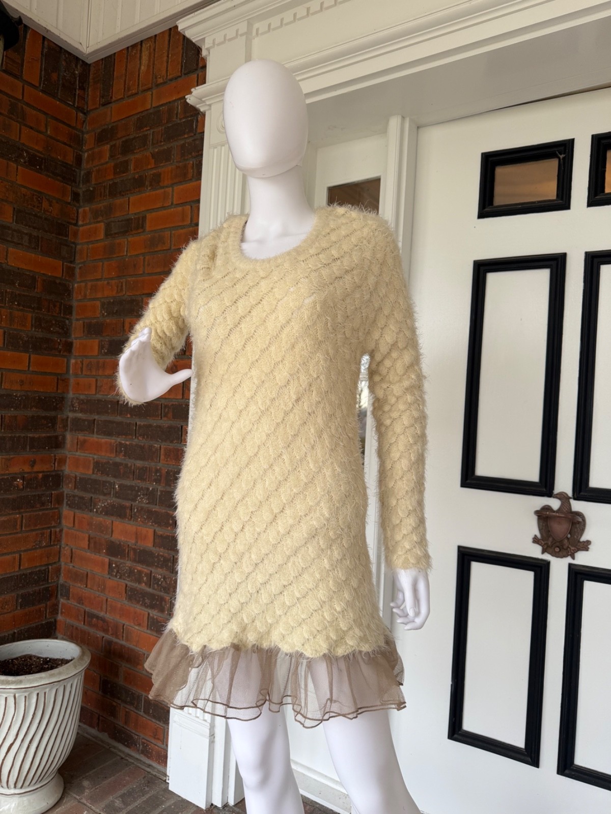 MYSTREE SIZE MEDIUM Ivory Angora Faux Pom Pom Links Taupe Sheer Mesh Ruffle Hem