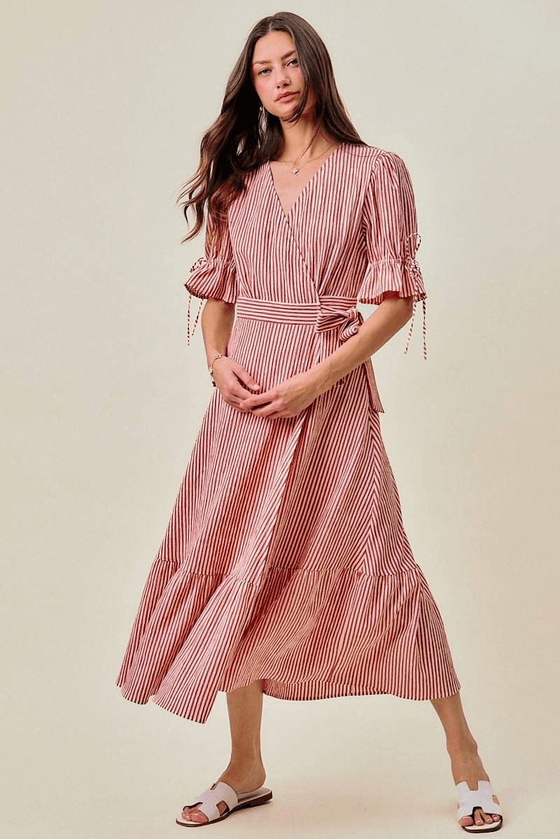 SO ME Stripe Textured Short Sleeves Red Midi Dress sz Small
