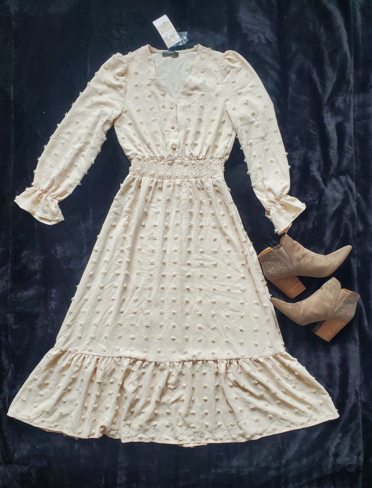 Bogo Swiss Dots Smocked Ruffle Maxi Dress Cream Size Small NWT RT$59