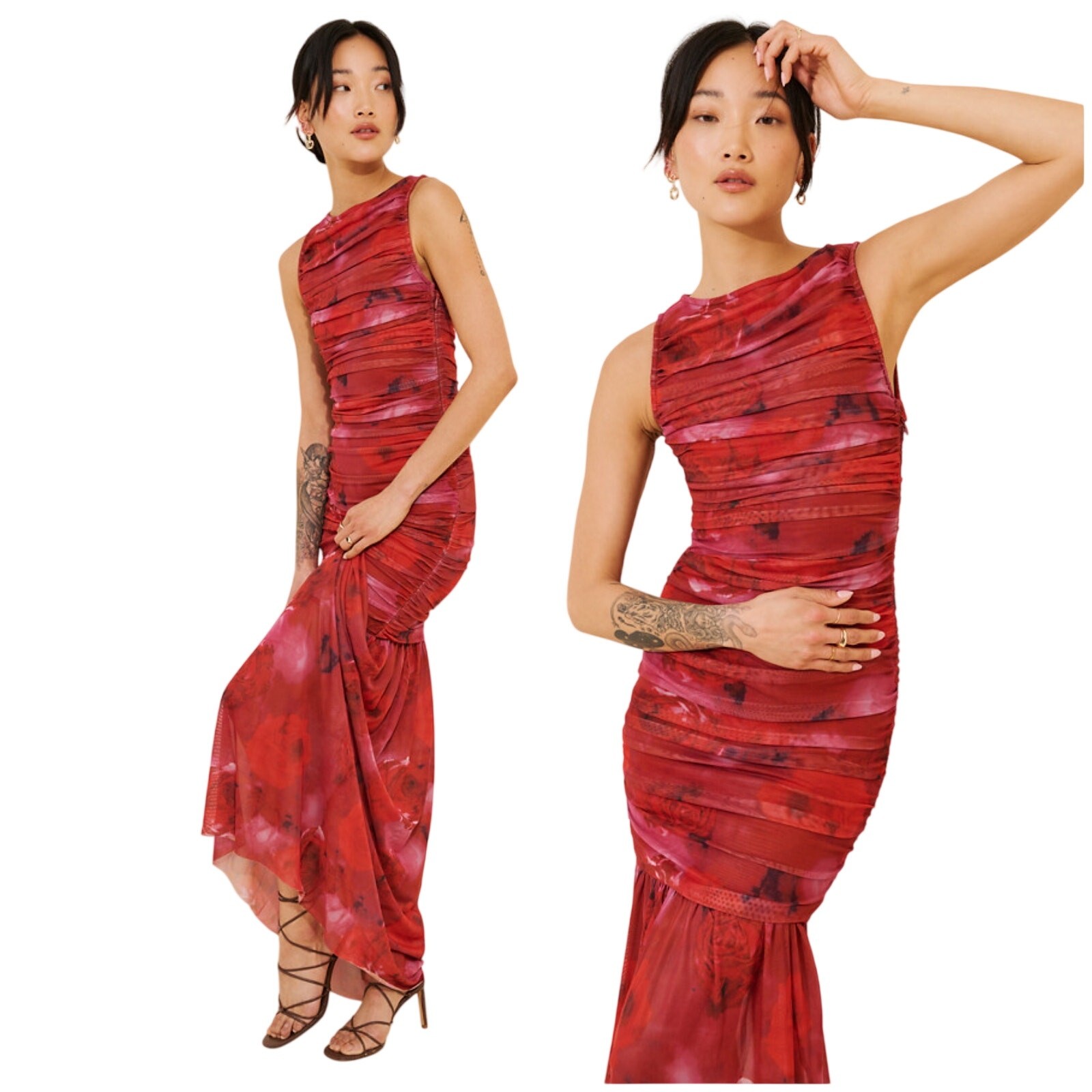 Elliatt NWT Elise Mesh Ruched Maxi Dress Red Motif Size S Sleeveless Bodycon