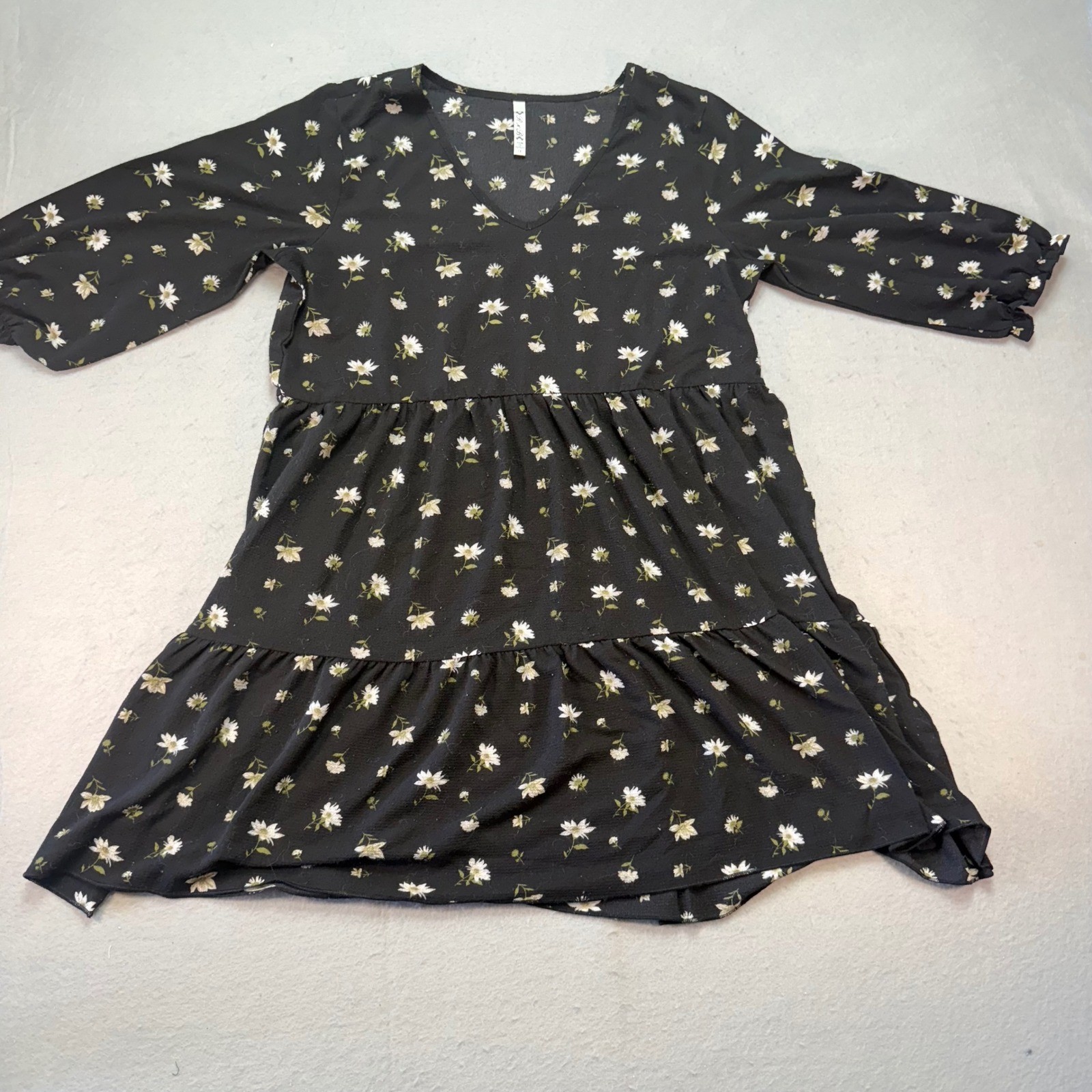 RnB Collection Plus Size Black Floral Tiered Mini Dress 3/4 Sleeve V-Neck 1X