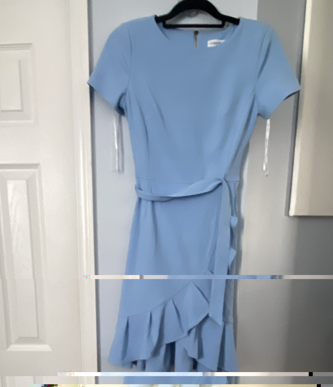 Calvin Klein Women’s Blue Sheath Dress 4 Belted Ruffle Cap Sleeve Knee