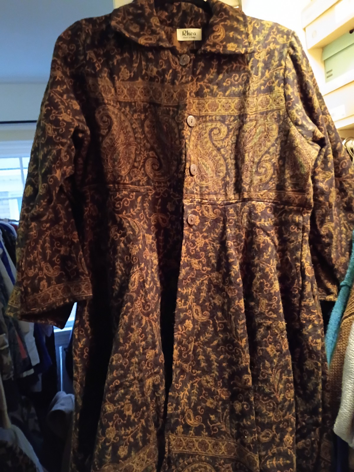 Rhea Brown Gold Paisley Collared BOHO Button Front jacket 3/4 Sleeve Women