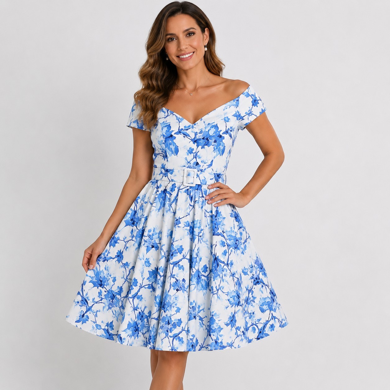 British Retro Blue White Floral Fit & Flare Sweetheart Cap Sleeve Belted UK8