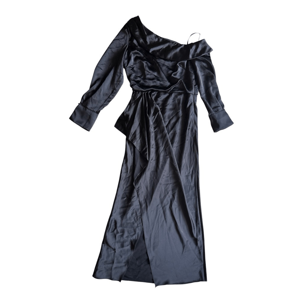 Xscape Evenings Off-the-Shoulder Long Sleeve Satin Gown in black Size 10