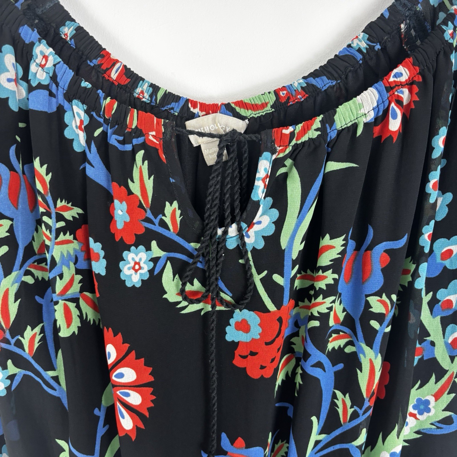 Anthology Black Floral Midi Dress Boho Western Size 10 Tassle Neck Sheer