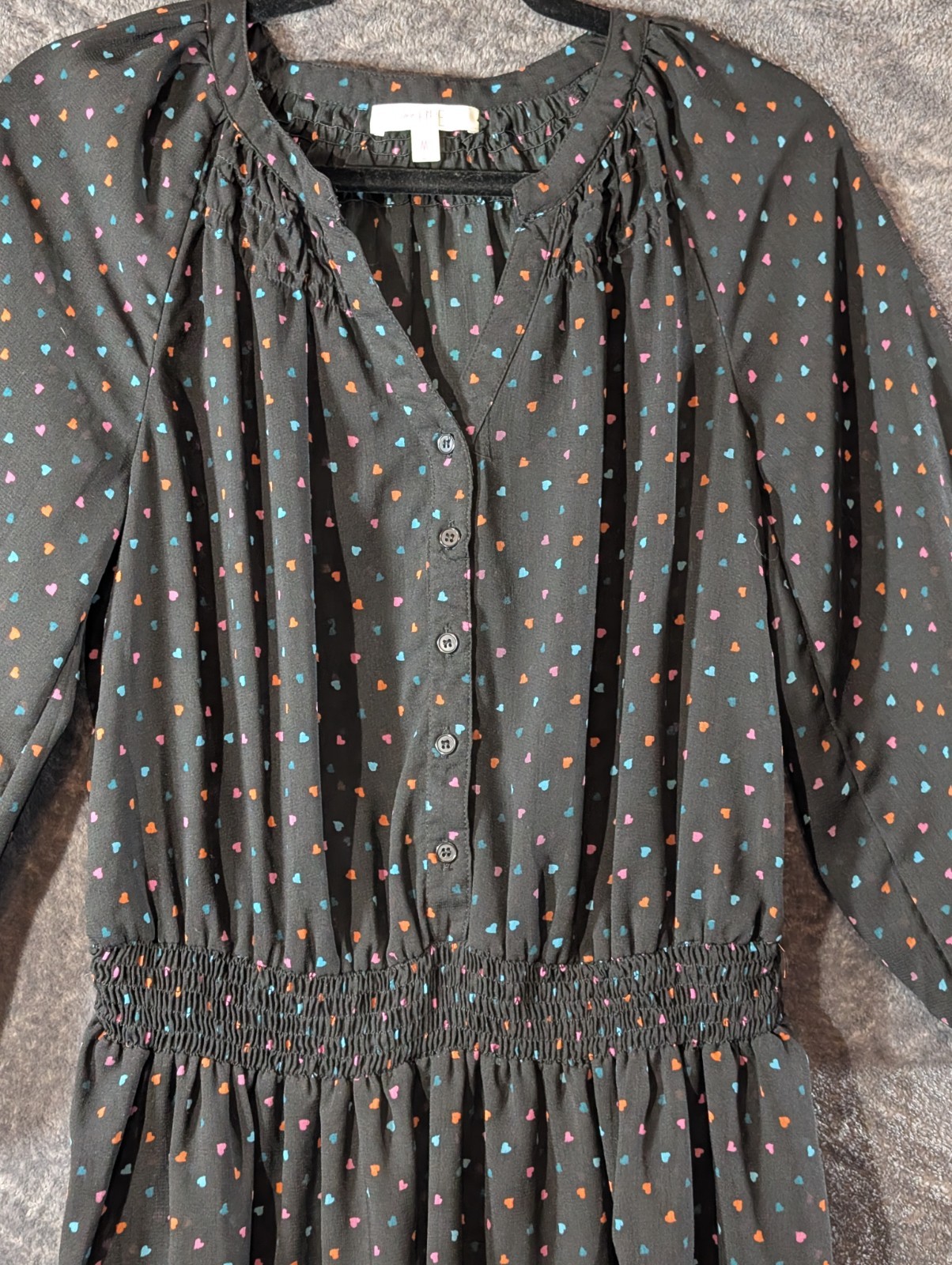 Love Fire Tunic Dress/Top Women’s Medium Black Hearts Sheer Boho Smocked Waist