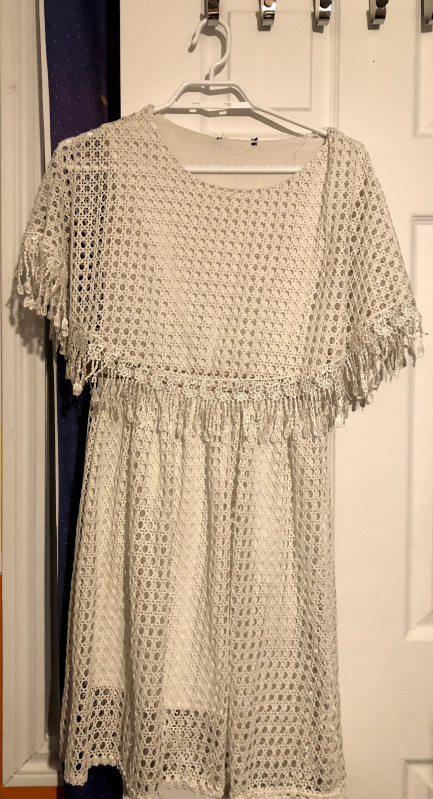 White Crochet Short Dress with Frange Capelet Acrylic S/M Fringe Boho
