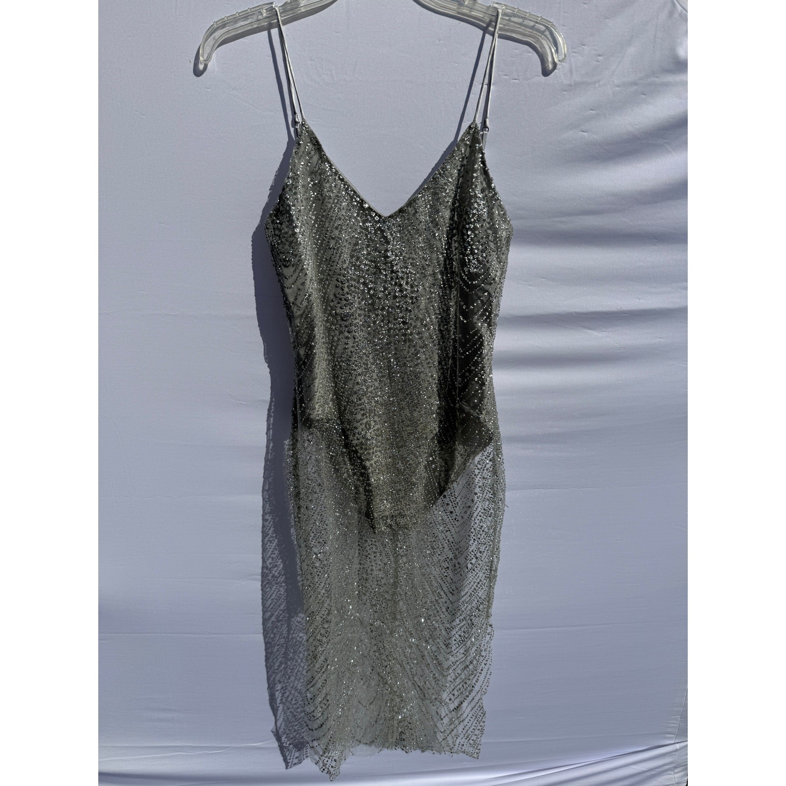 Meshki Aviana Silver Jeweled Glitter Mesh Midi Party Dress Sz S