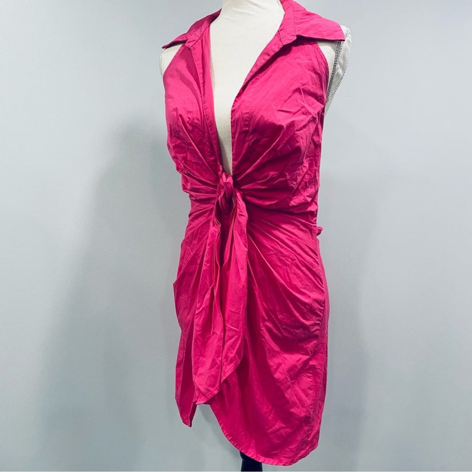HERS & MINE S Hot Pink Halter Tie Front Mini Dress Romantic Coquette Barbiecore