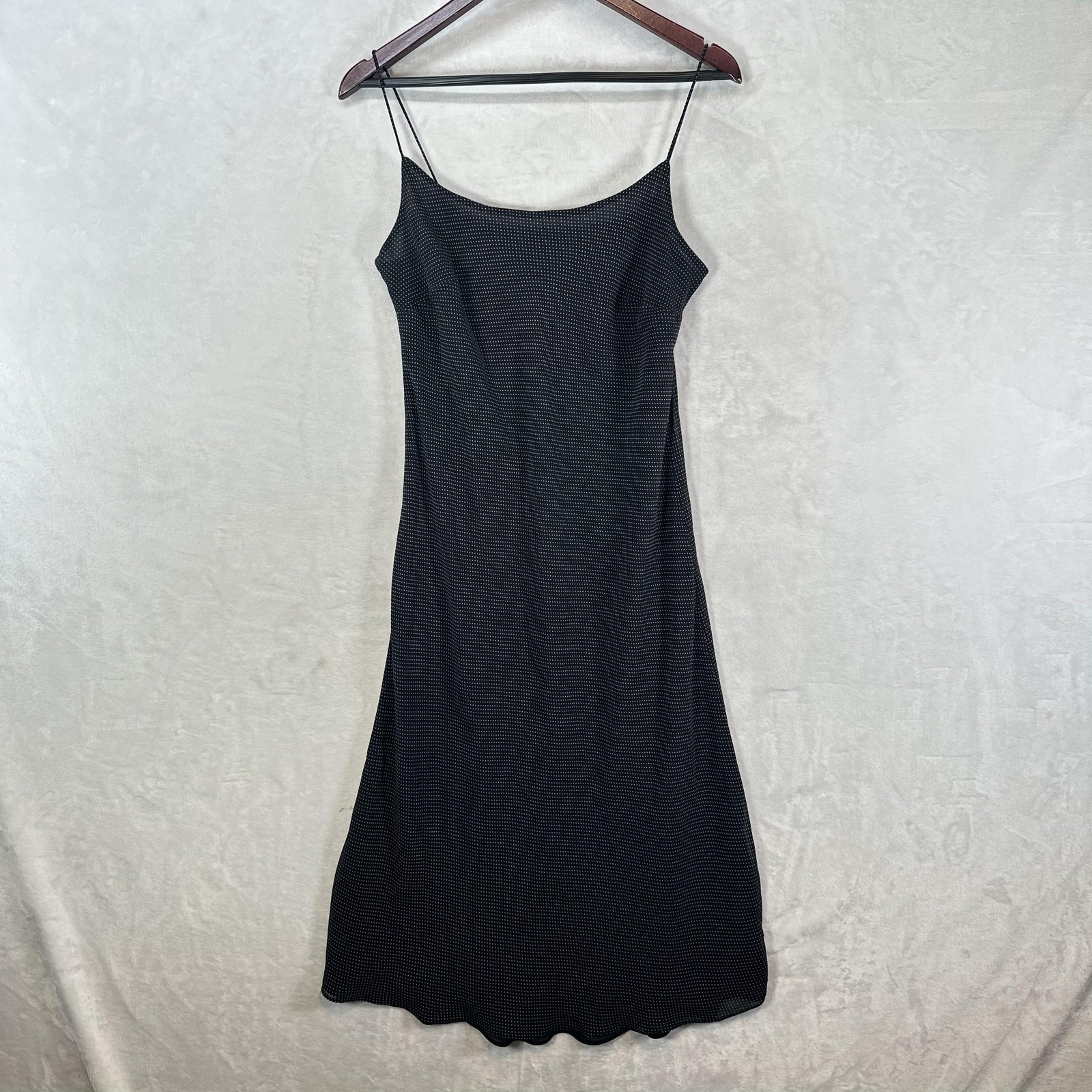Dress Women L Black Polka Dot Slip Midi Scoop Neck Strappy Reversible Clean Girl