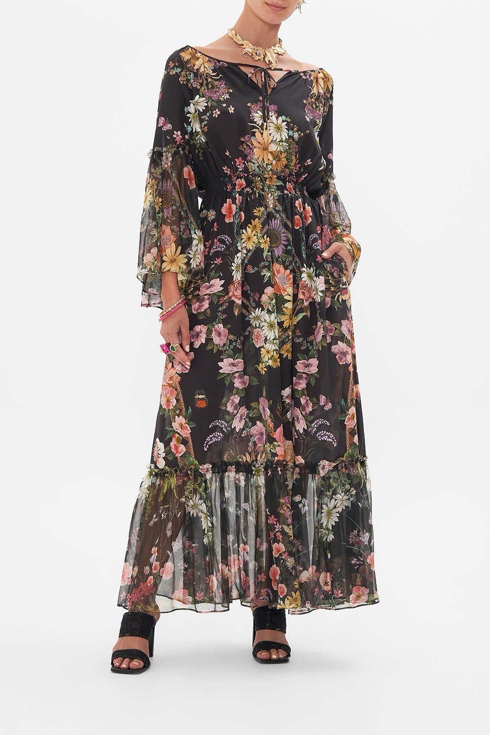 Camilla Letters From A Vineyard Long Dress With Gathered Bell Sleeve Size S