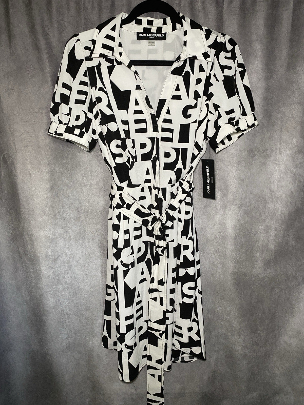 NEW Karl Lagerfeld Paris Dress Size 10 Logo Print Belted Shirt Dress Black White