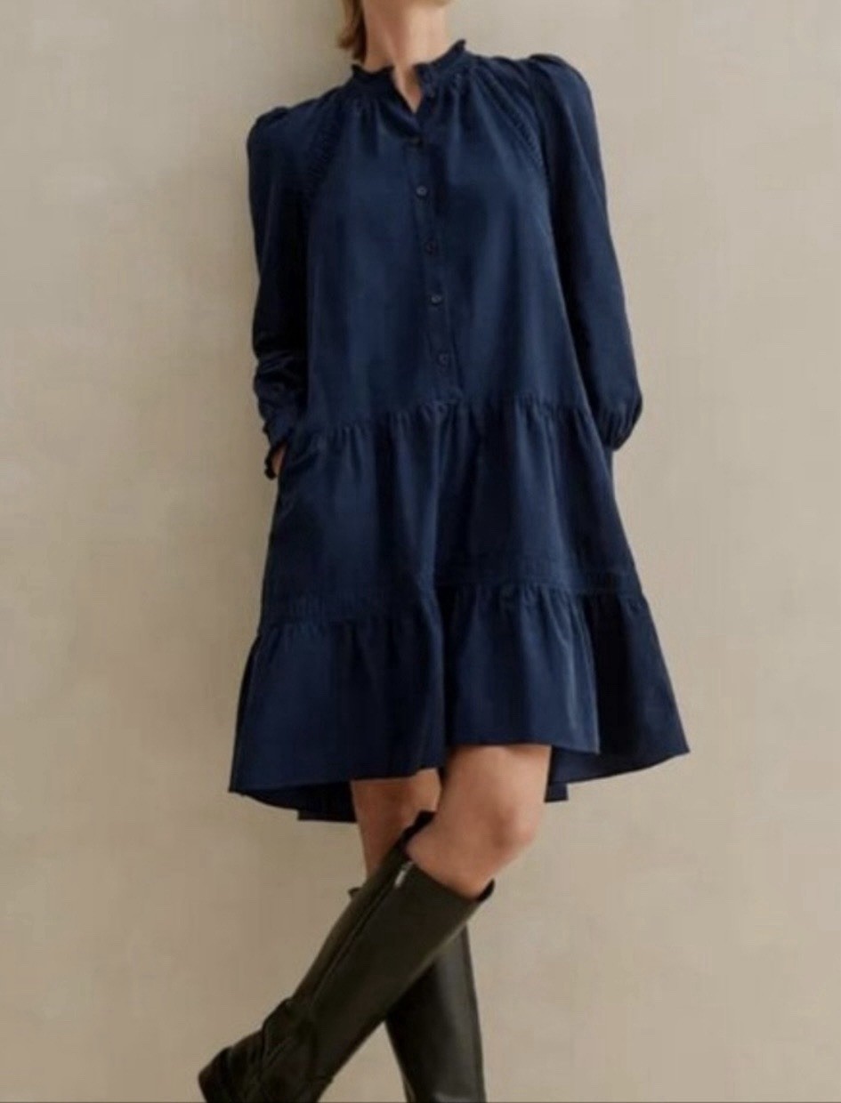 ME + EM Corduroy Short Tiered Swing Dress Blue Long Slv. Sz UK 6/US 2 Tie Belt