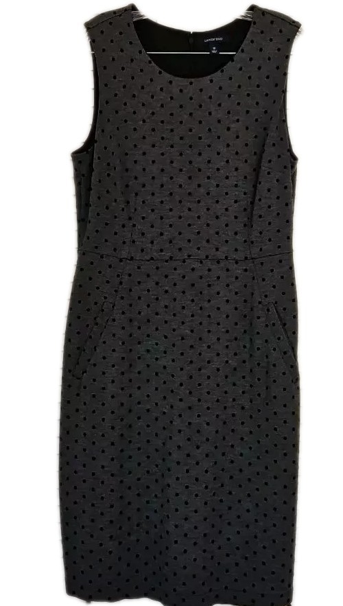 Lands’ End Career Shift Dress Gray With Black Polka Dots Heavy Knee Length 12