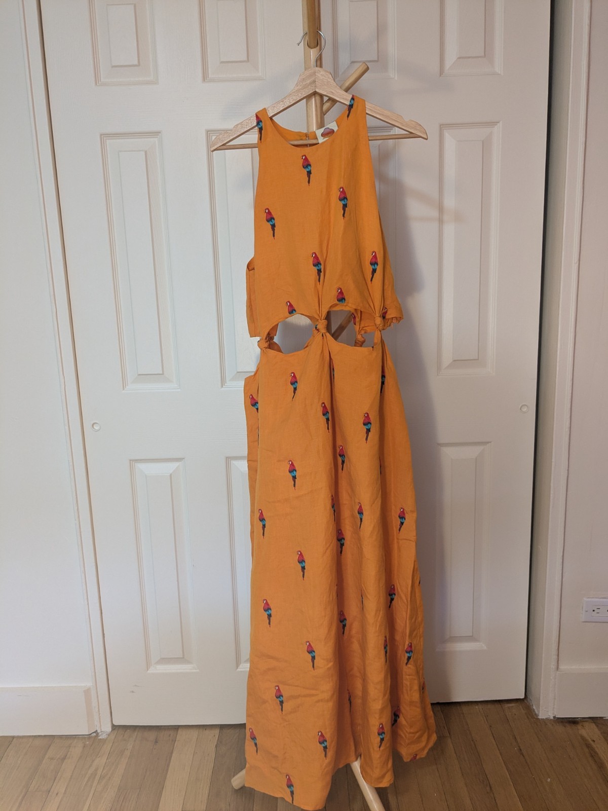 Farm Rio × Anthropologie Parrot Halter Maxi Embroidered Linen Dress With Pockets