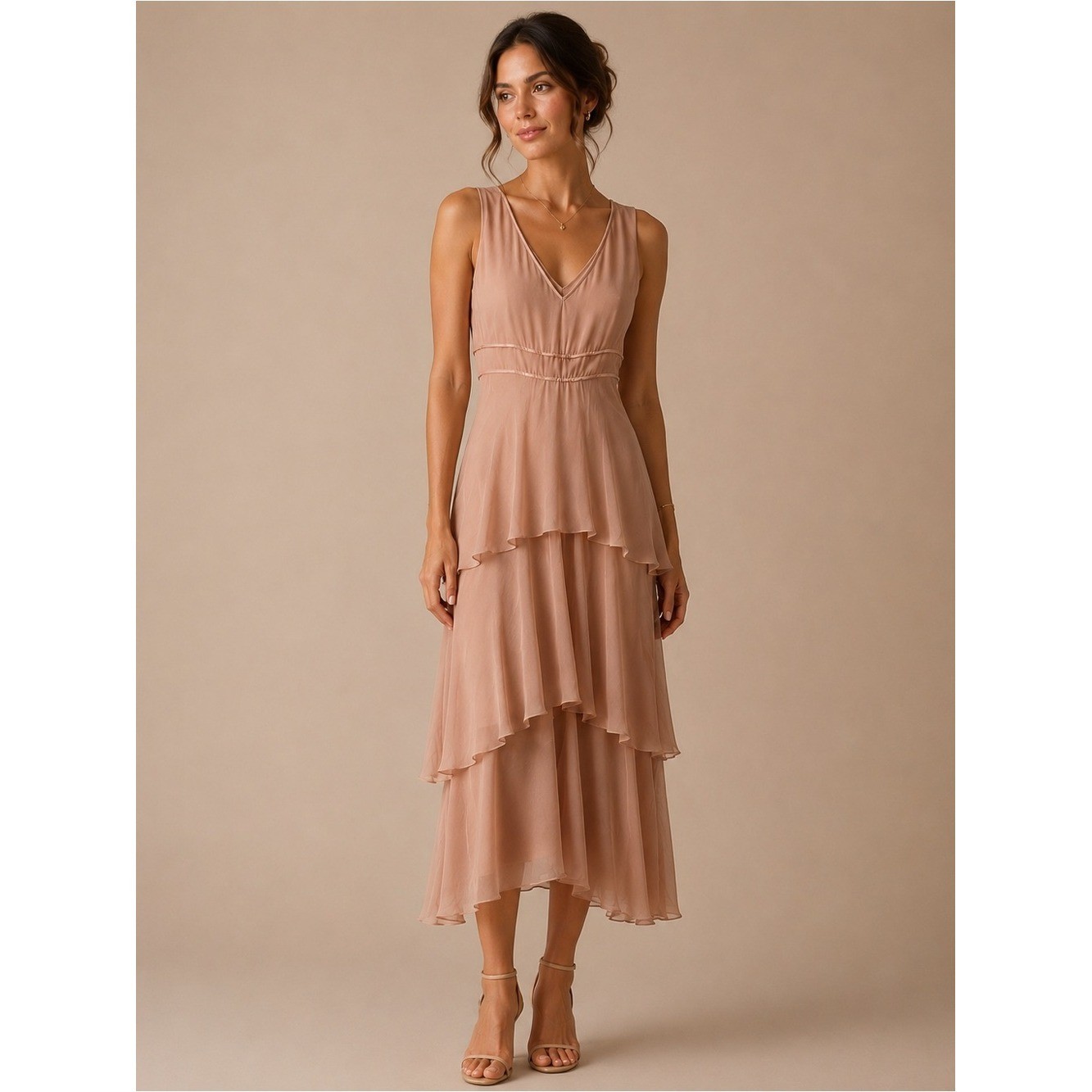 Max and Cleo 100% Silk Rosewood Blush Pink Tiered Ruffle Midi Dress Size 2 NWT