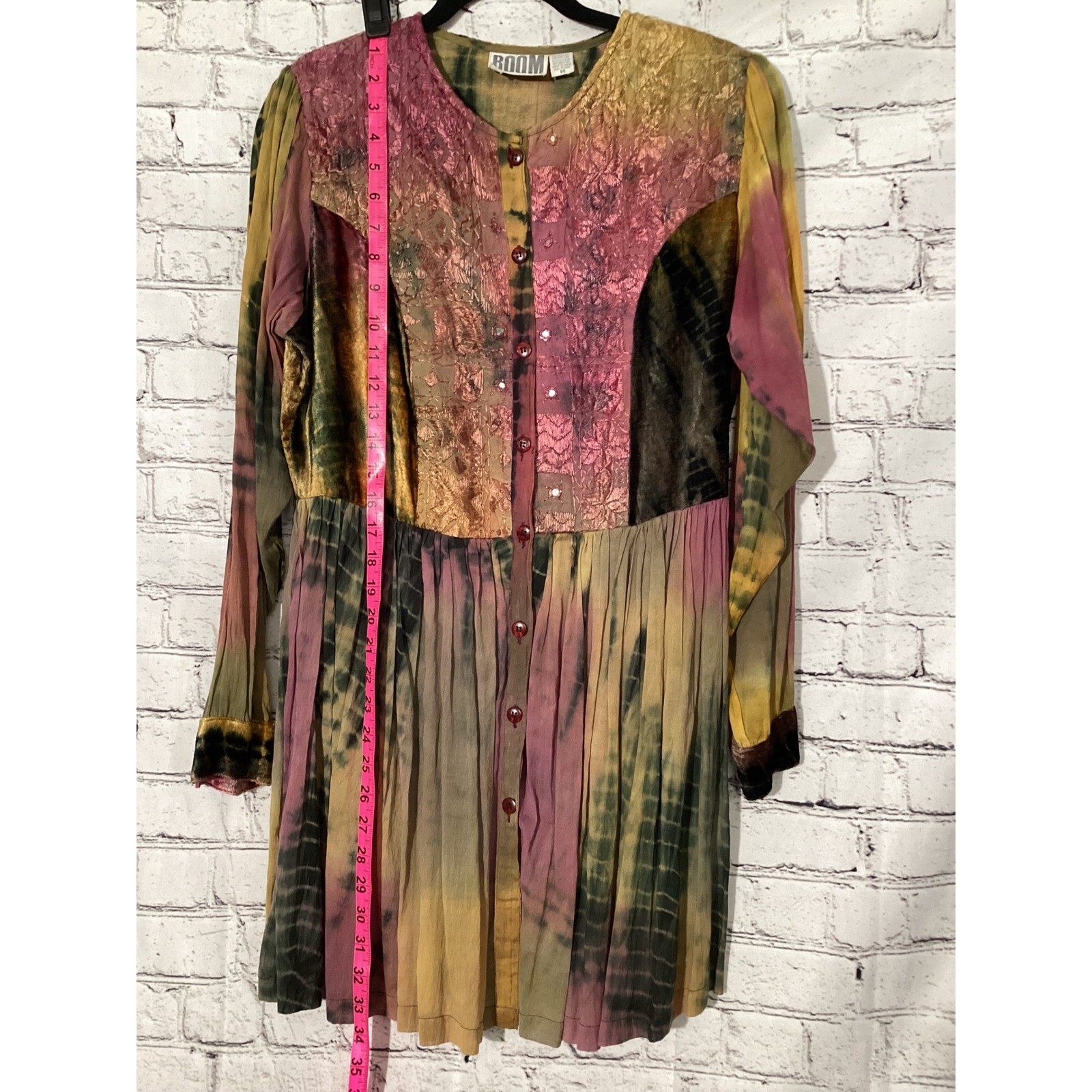 BOOM Tie Dye Embroidered Velvet Boho Mini Dress Mixed Media Button Front Medium